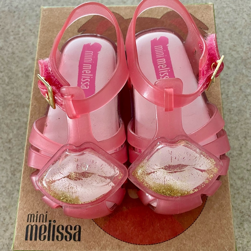 Mini Melissa Pink Sandals with Gold Glitter Lips